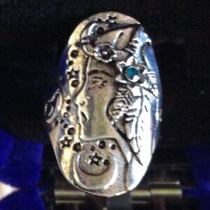VTG Cameo Ring, Sterling Silver, Art Deco, Size: 6.26 Hippie Chic, Boho, Zodiac